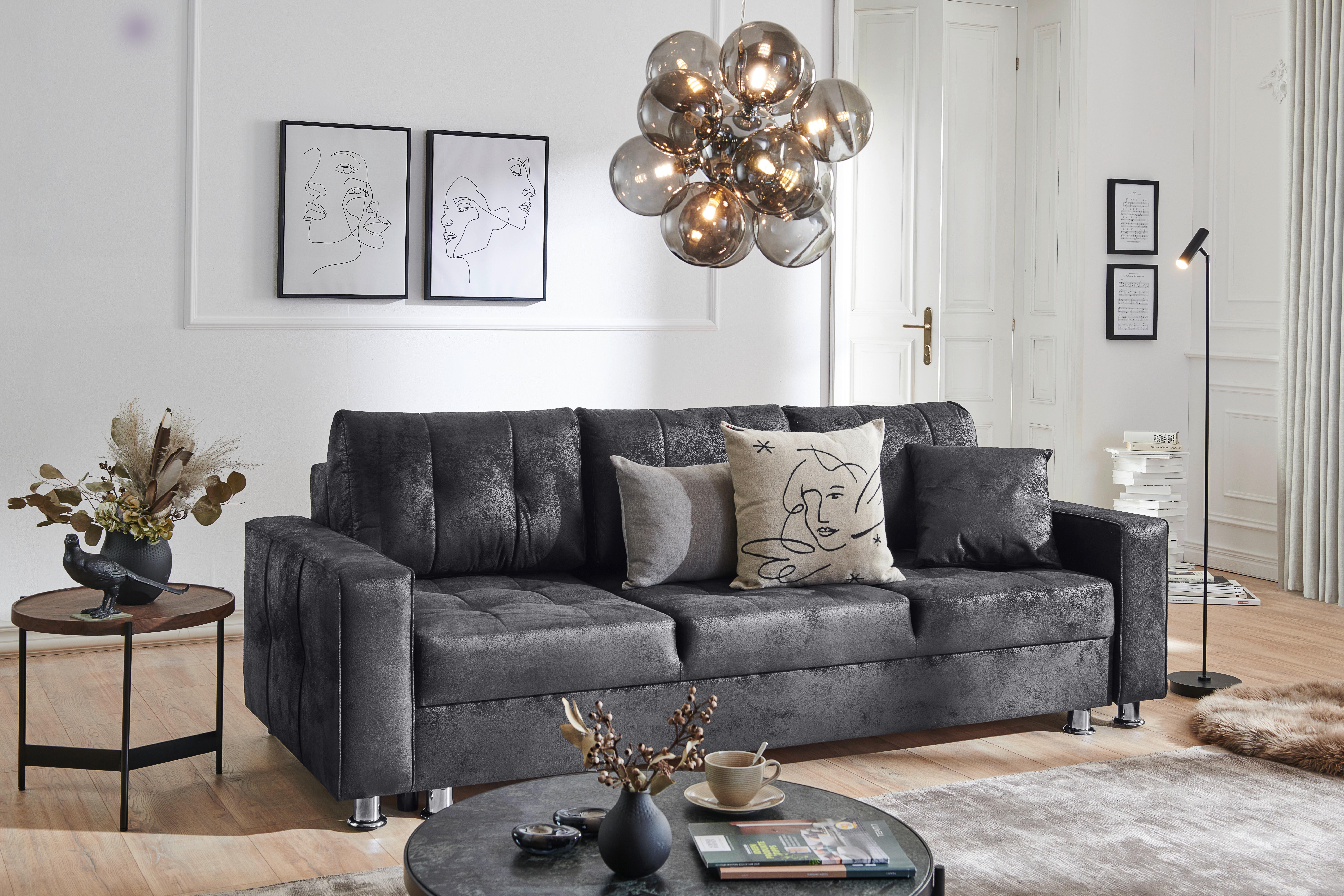 3-Sitzer-Sofa mit Bettkasten + Schlaffunktion Francesco Grau - Chromfarben/Dunkelgrau, MODERN, Textil (236/86/98cm) - Livetastic