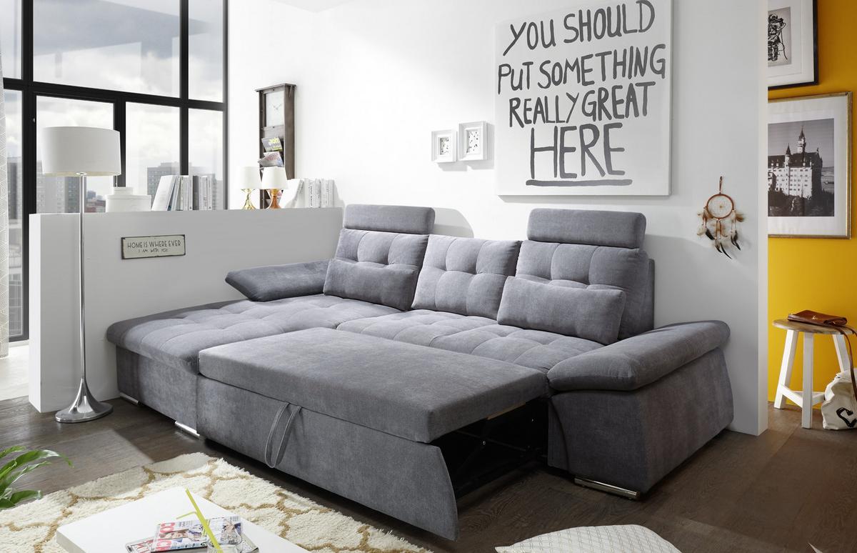 Ecksofa mit Schlaffunktion Nalo Longchair Webstoff - Dunkelgrau/Silberfarben, KONVENTIONELL, Holzwerkstoff/Textil (170/268cm) - MID.YOU