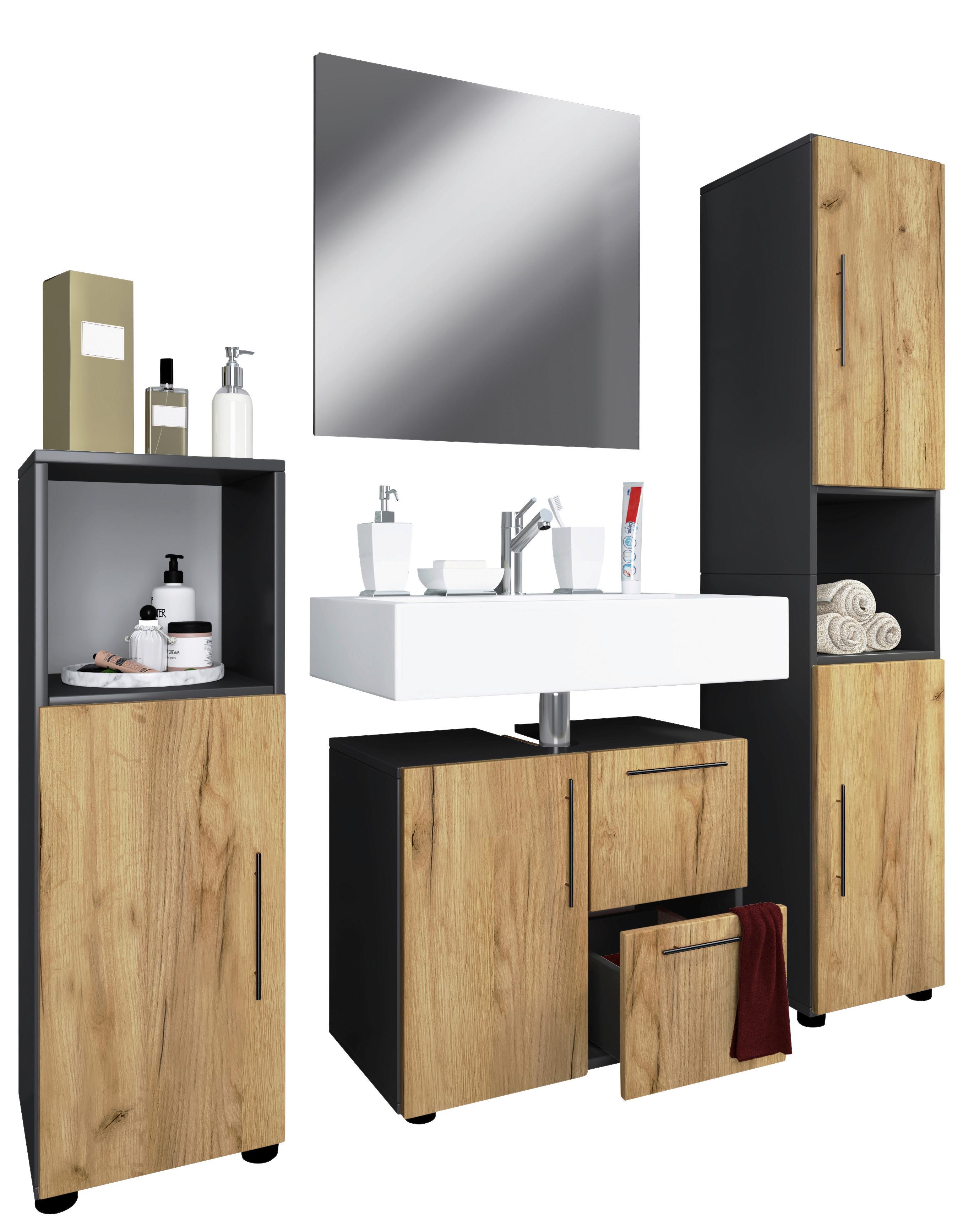 Badmöbel-Set 3-Tlg. Flandu 123 cm Eiche Dekor - Honigeiche/Anthrazit, MODERN, Holzwerkstoff (123cm) - MID.YOU