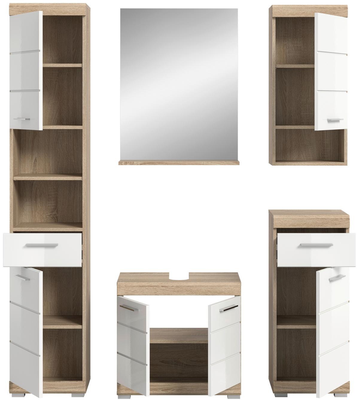 Badezimmer Lambada Eiche Dekor/weiß B: 134 Cm - Weiß Hochglanz/Silberfarben, MODERN, Glas/Holzwerkstoff (134cm) - MID.YOU