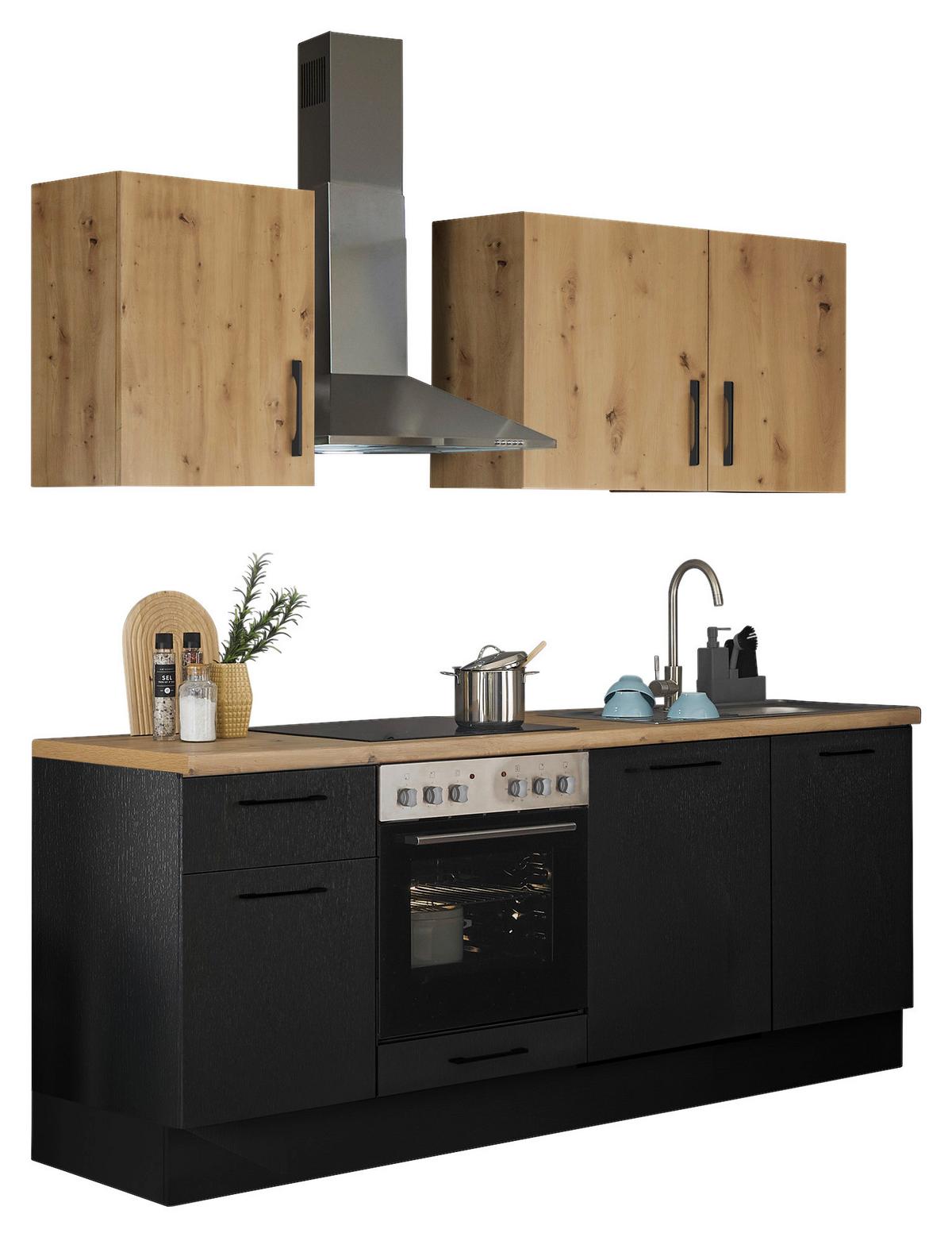 Kuchyňská linka TURIN bez spotřebičů, šířka 220 cm - černá/dub artisan, Moderní, kov/kompozitní dřevo (220cm)