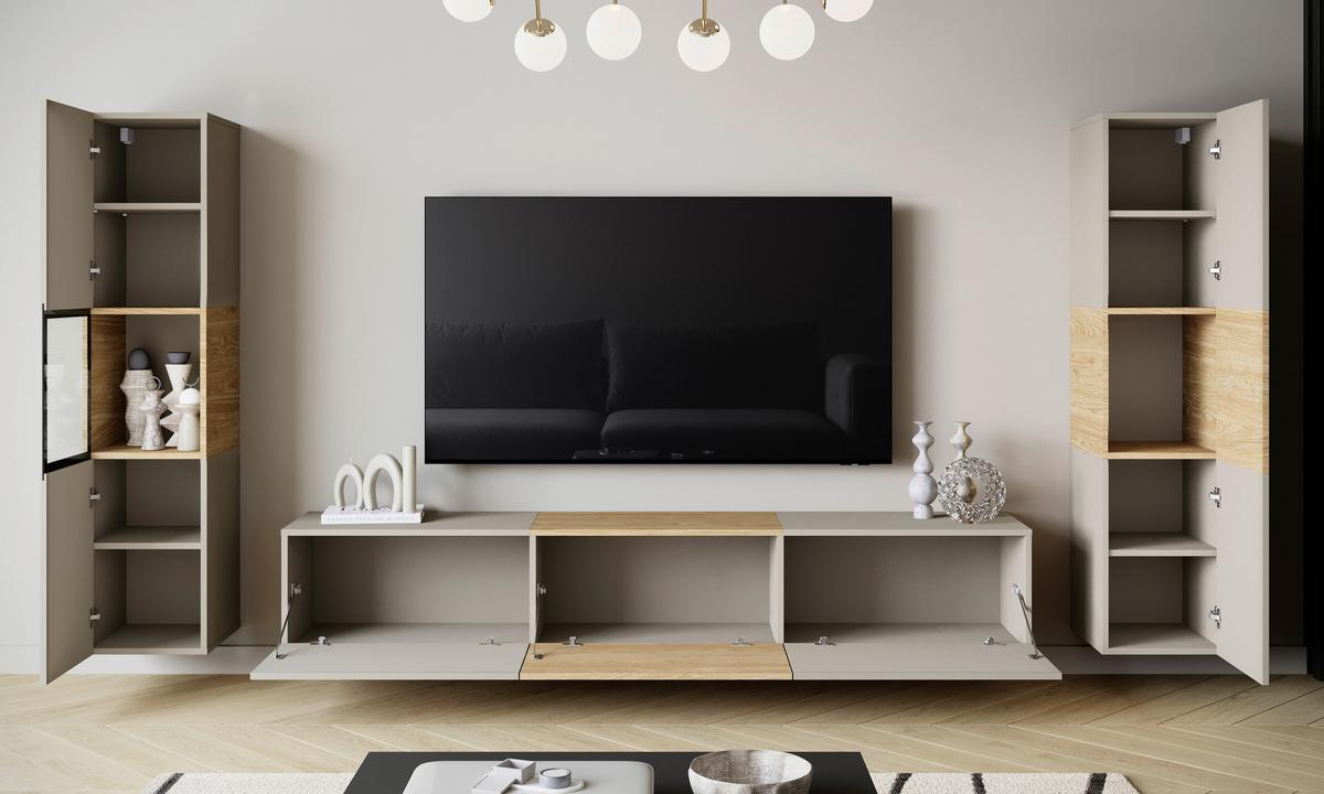 Wohnwand mit LED Berlin III Kaschmir/Eichefarben - Kaschmir/Eichefarben, Design, Glas/Holzwerkstoff (240/130/31cm) - P & B