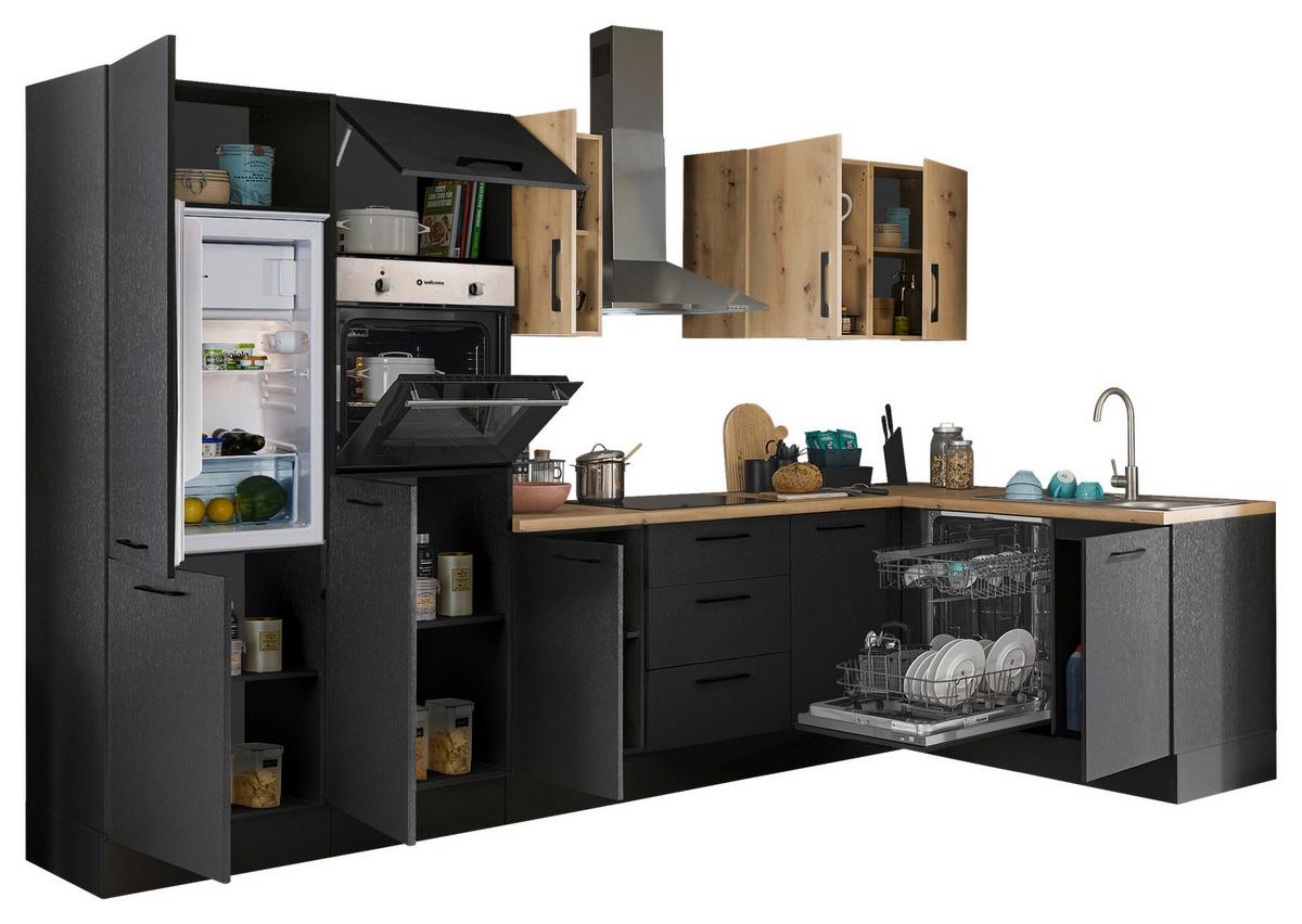 Eckküche Turin Schwarz/Eiche Dekor 340x175 cm - Schwarz/Eiche Artisan, Basics, Holzwerkstoff (340/175cm) - MID.YOU