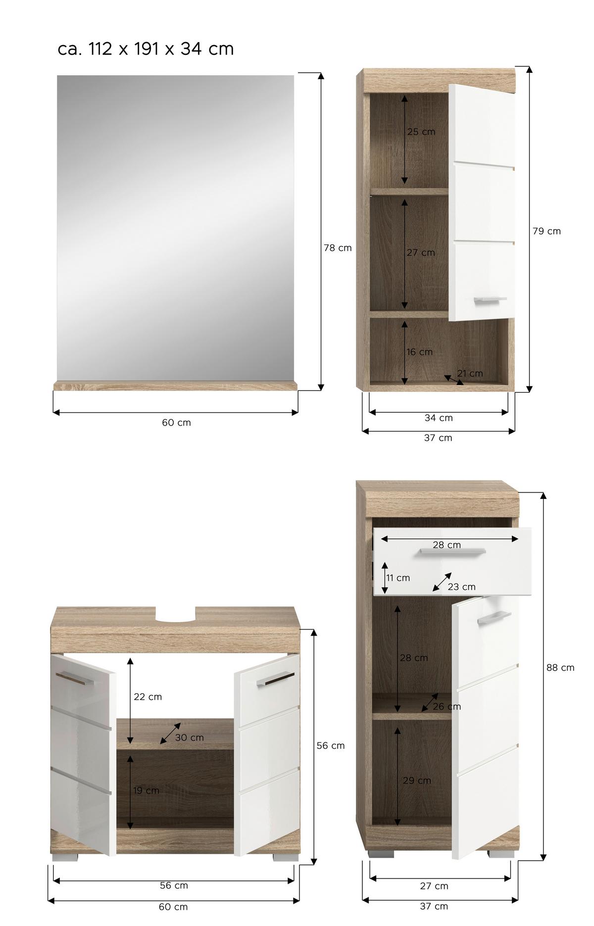 Badezimmer Lambada Eiche Dekor/Weiß B: 97 cm - Weiß Hochglanz/Silberfarben, MODERN, Glas/Holzwerkstoff (97cm) - MID.YOU