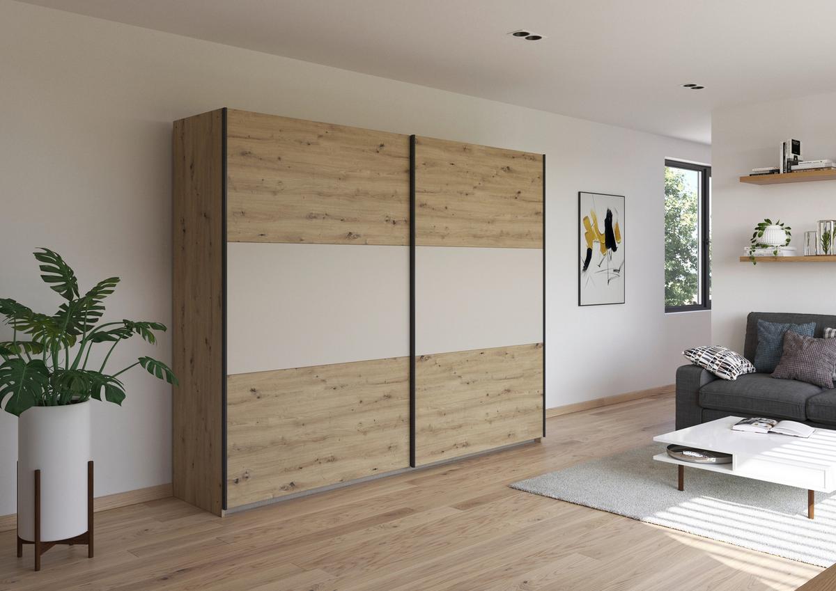 Schwebetürenschrank Neo Champagner Eiche Artisan Dekor - Champagner/Alufarben, MODERN, Holzwerkstoff (261/210/59cm) - Rauch Möbel