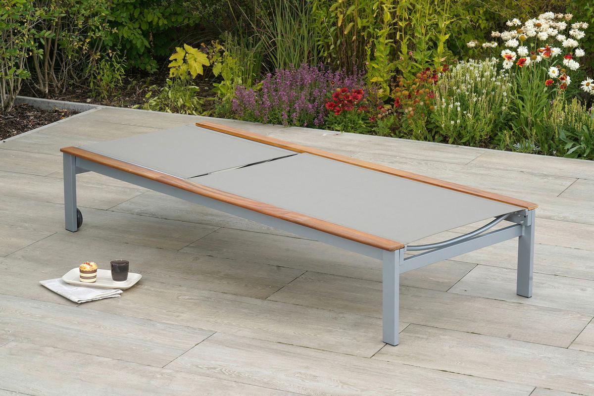 Sonnenliege Naxos Aluminium, Akazie verstellbar - Beige/Silberfarben, MODERN, Holz/Metall (198/103/84cm) - Gardenson