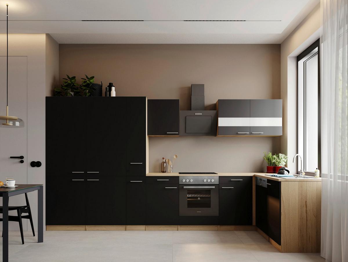 ECKKÜCHE Merle, Schwarz S: 370x172 cm - Eichefarben/Schwarz, Trend, Holzwerkstoff (370/172cm) - Respekta