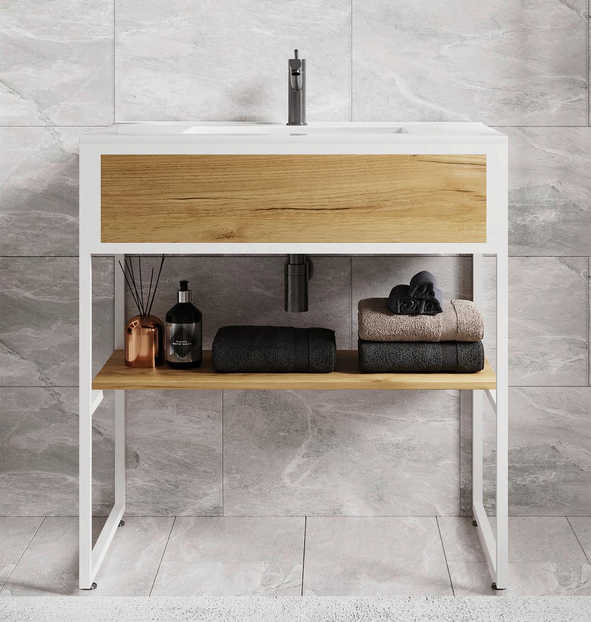 Waschtischkombi 2--Teilig. Waschplatz "bitila 80" - Honigeiche/Weiß, MODERN, Keramik/Holzwerkstoff (80cm) - MID.YOU