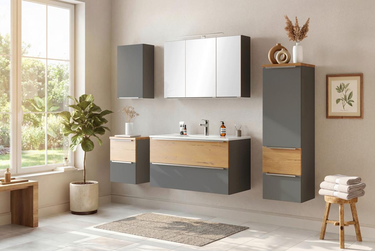 WASCHTISCHKOMBI Verona Grau/Wildeiche B: 100cm - Wildeiche/Weiß, Trend, Holzwerkstoff/Stein (100/54/47cm) - Held