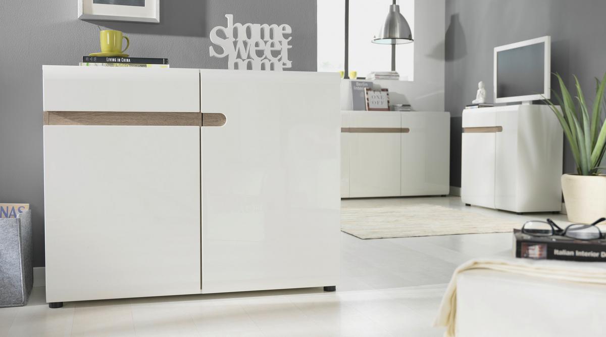 Kommode Linate B: 109,4 cm Alpinweiss/Trüffel Eiche Dekor - Weiß Hochglanz/Trüffeleichefarben, MODERN, Holzwerkstoff (109,4/86,5/41,9cm)