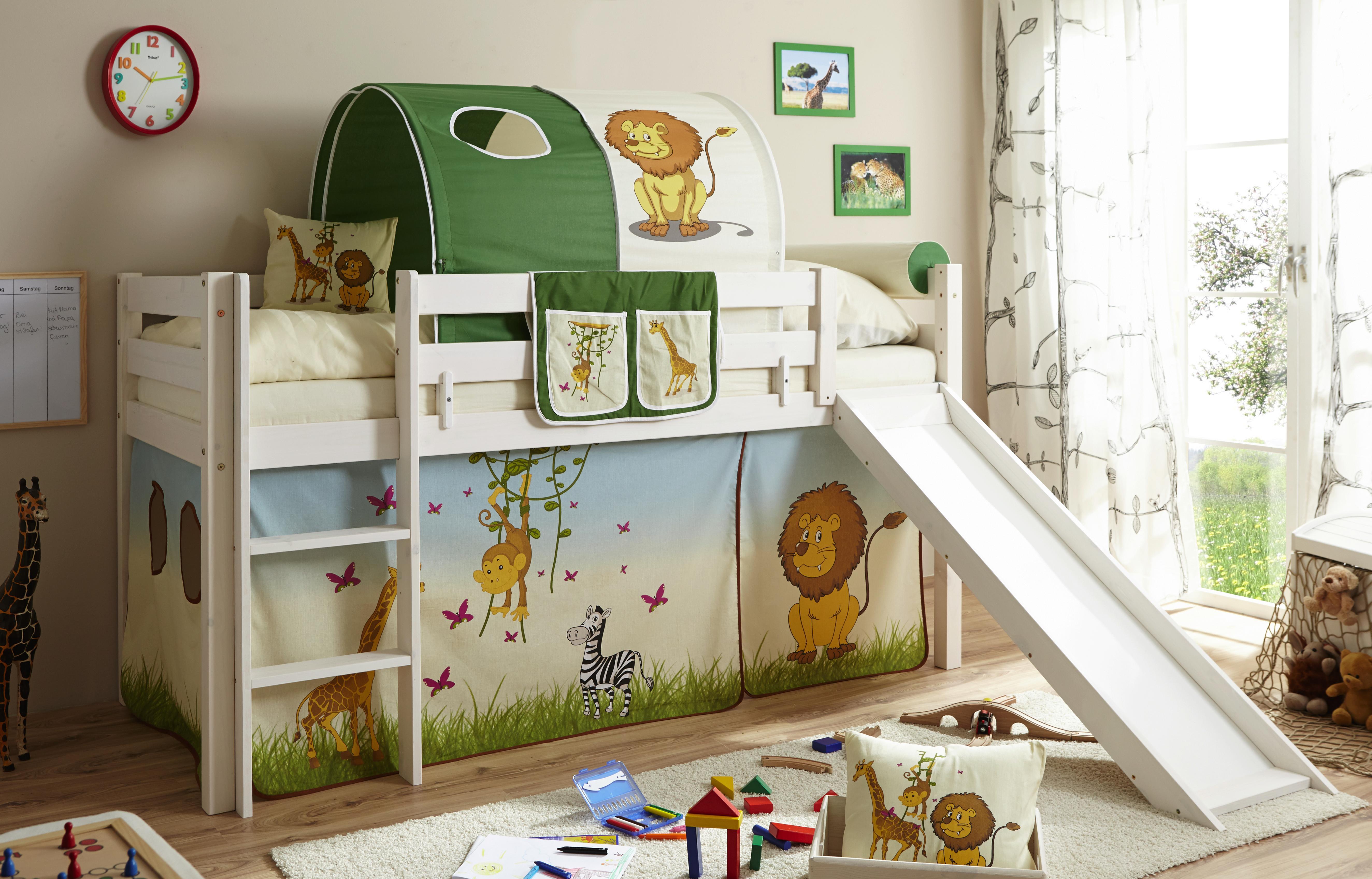 Hochbett Kiefer massiv weiß mit Rutsche und Leiter Kinderzimmer Bett Snoopy 