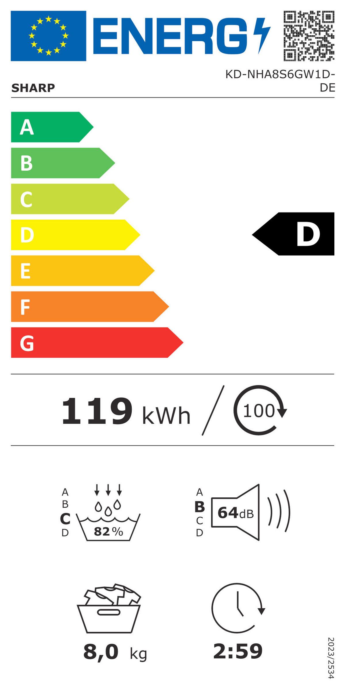 Wärmepumpentrockner Kd-nha8s6 Gw1d-De, Füllmenge 8 Kg - Weiß, Basics, Kunststoff (59,6/84,5/60,9cm) - Sharp