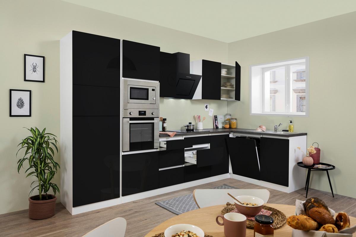 Küchenzeile Premium M. Geräten 345 Cm Weiß/schwarz Hochglanz - Schwarz/Weiß, MODERN, Holzwerkstoff (345/172cm) - Respekta