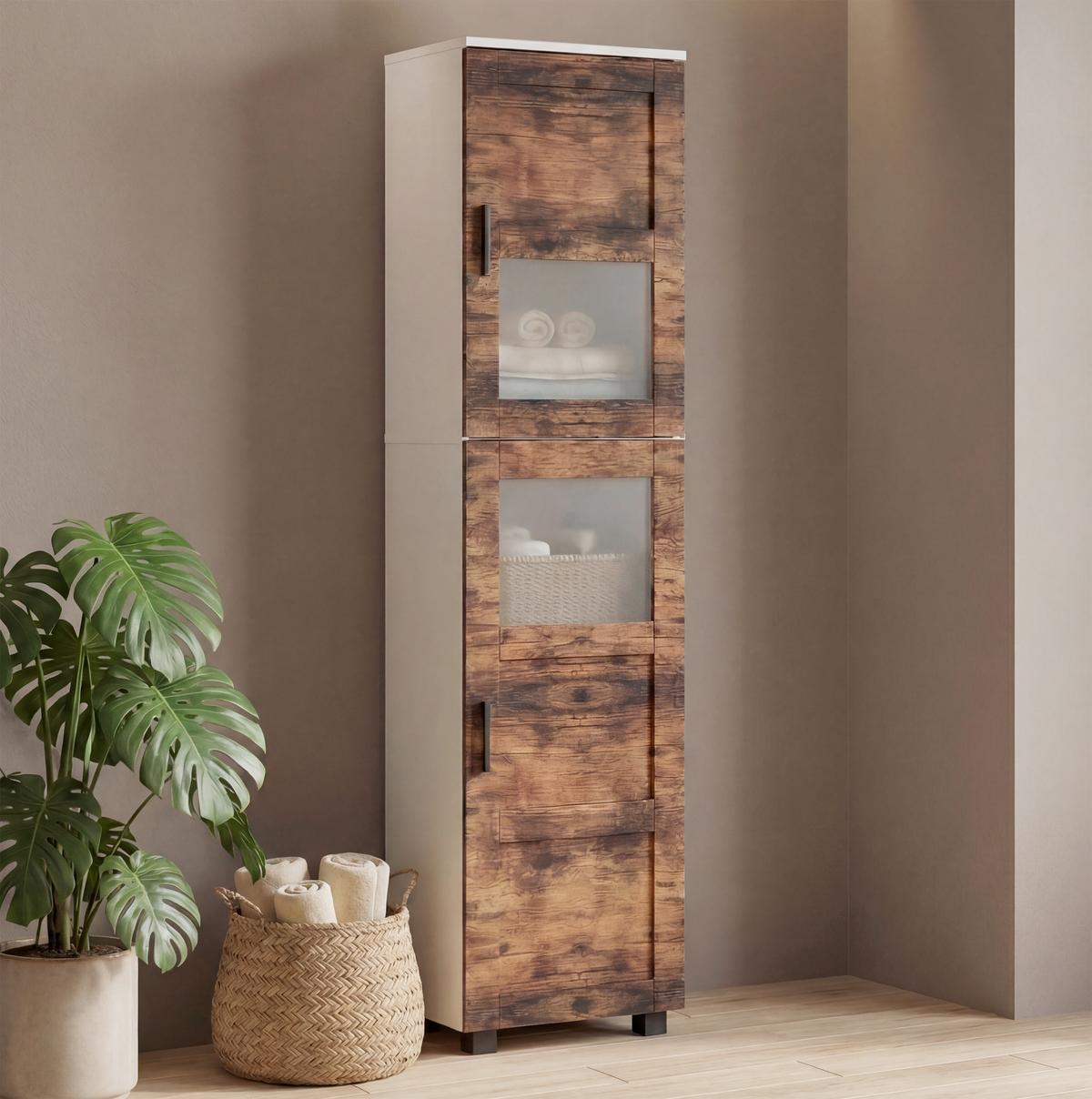 Hochschrank Nilari Weiß/Eichefarben B: 38cm - Eichefarben/Weiß, Trend, Glas/Holzwerkstoff (38/165/28cm) - MID.YOU