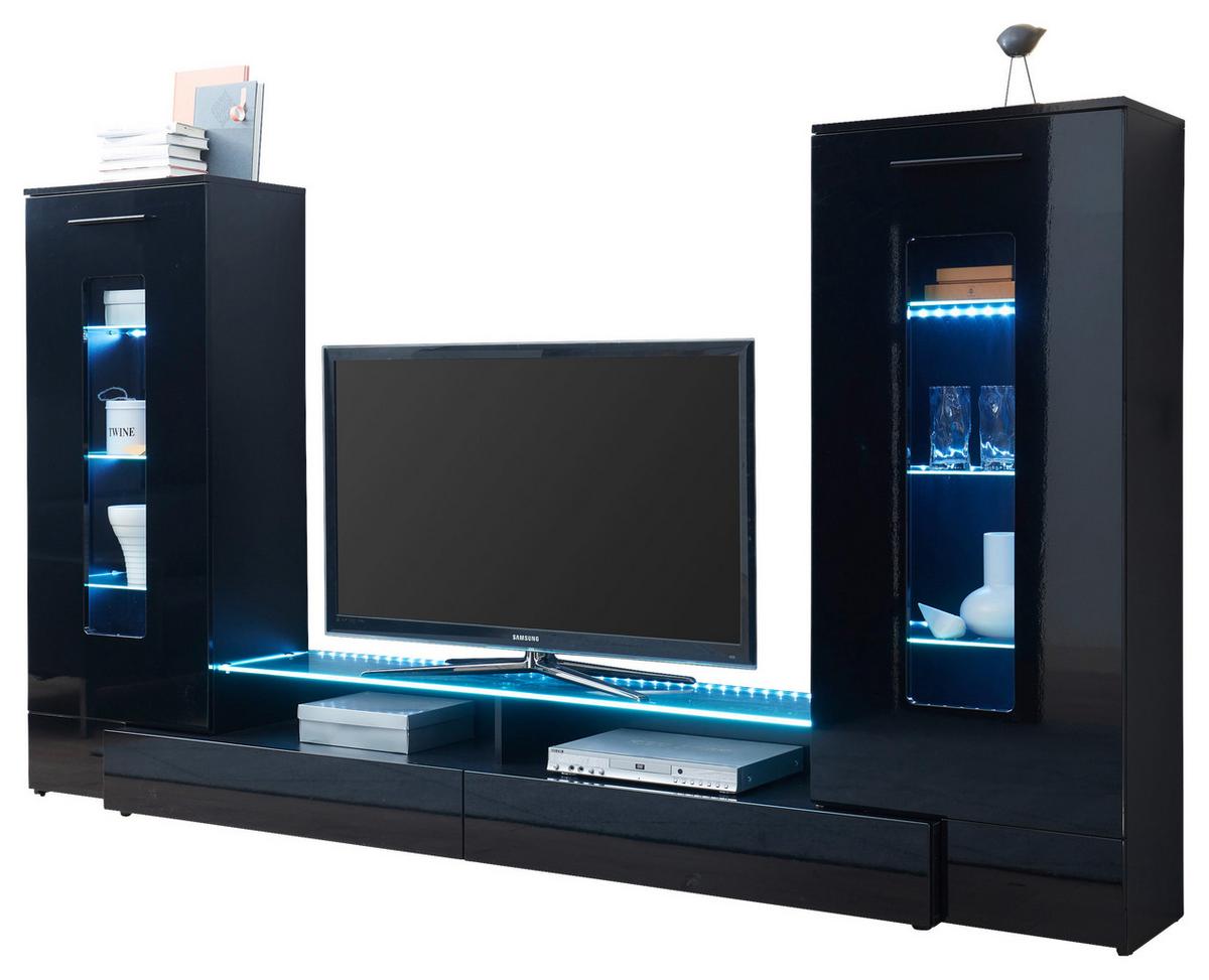 Wohnwand 3-Tlg. mit Led Jupiter Schwarz - Schwarz Hochglanz/Schwarz, KONVENTIONELL, Glas/Holzwerkstoff (265/147/40cm) - MID.YOU