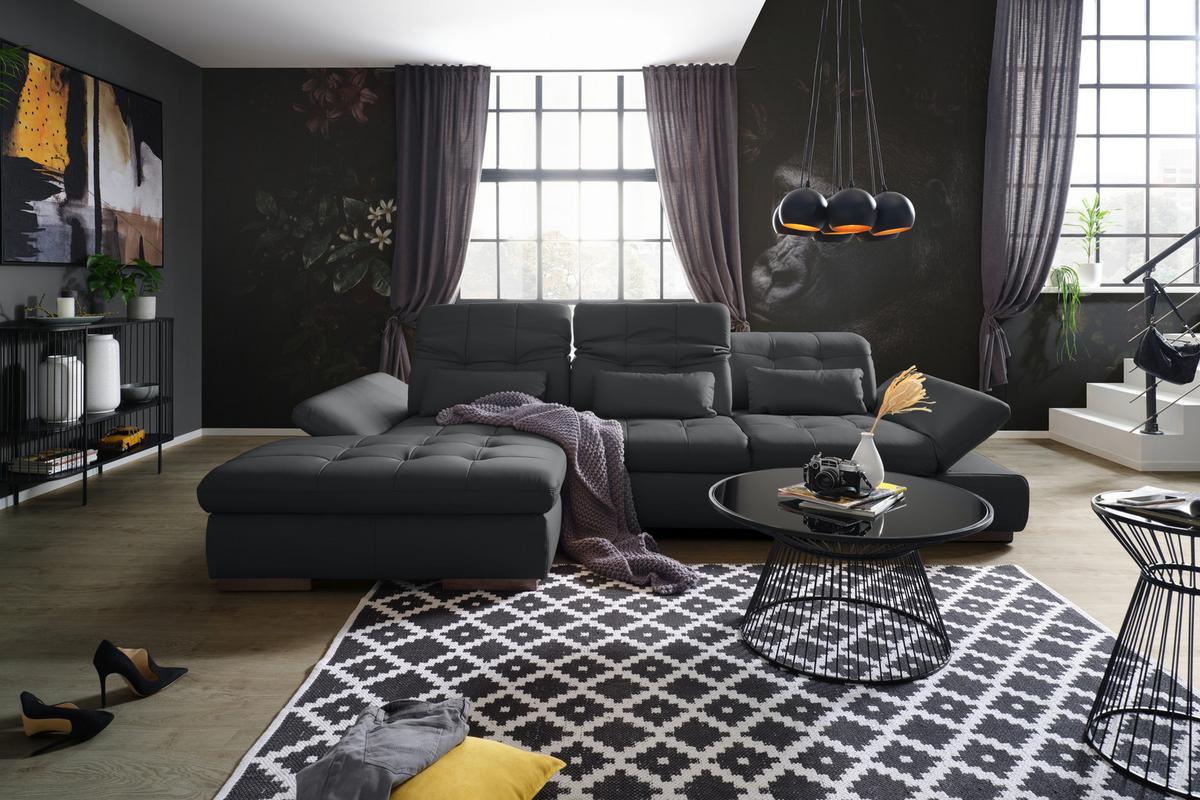 Rohová sedačka SANFINO, ľavá, čierna pravá koža - čierna/chrómová, Konventionell, kov/koža (199/305cm) - Premium Living