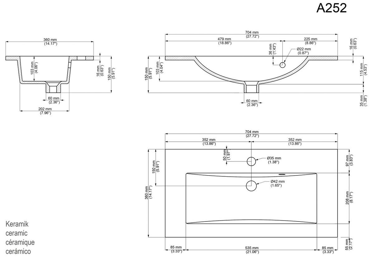 Waschtischkombi Portus Graphitfarben B: 70,4cm - Graphitfarben/Weiß, MODERN, Keramik/Holzwerkstoff (70,4cm) - MID.YOU