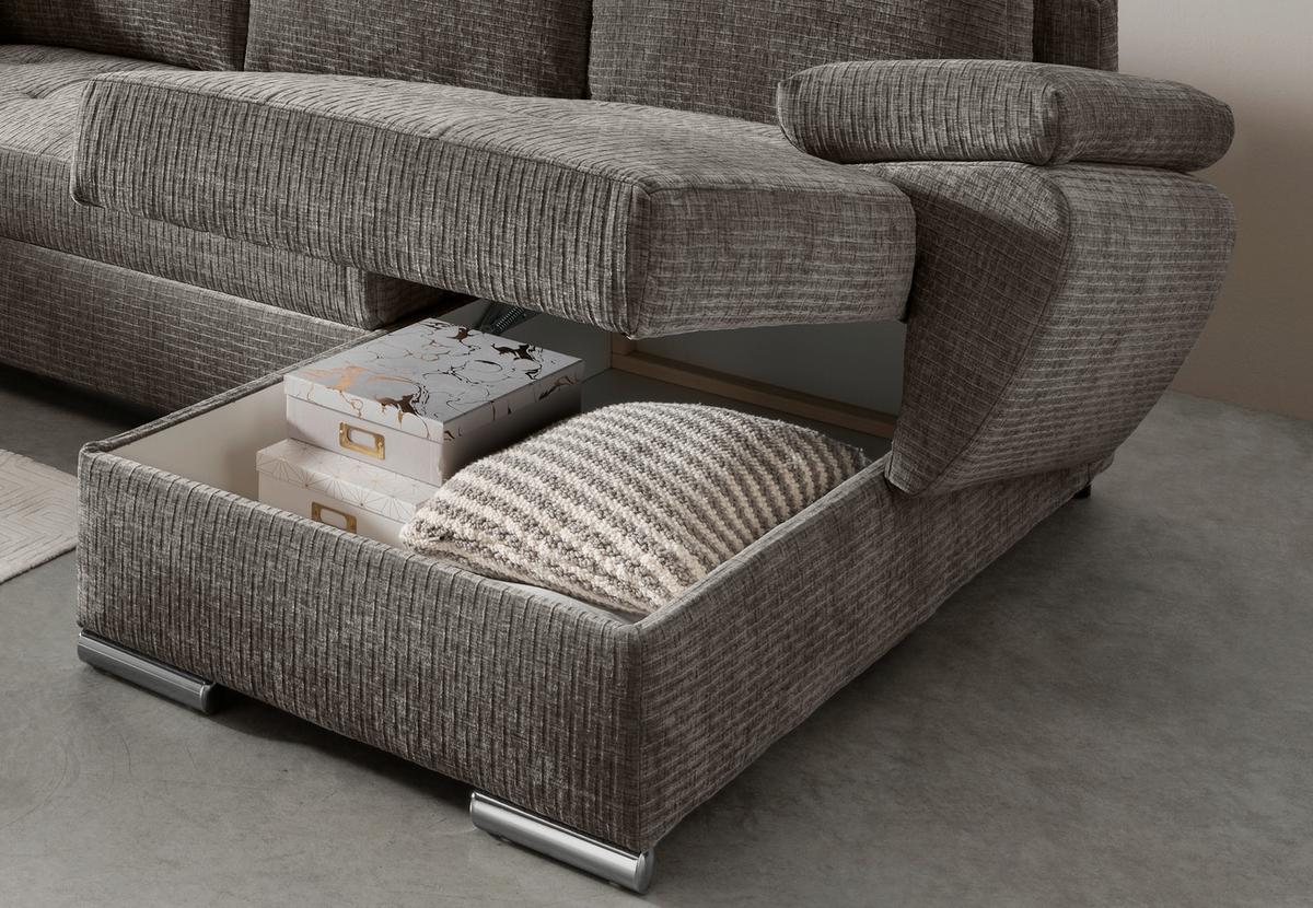 Wohnlandschaft Terana Graubr. mit Schlaffunktion, Mikrofaser - Chromfarben/Graubraun, KONVENTIONELL, Textil (219/305/157cm) - Livetastic