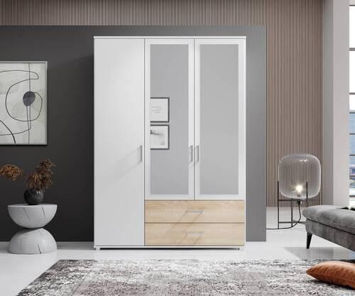 Drehtürenschrank mit Laden 125cm Ivar Weiß/Eiche Dekor - Weiß/Sonoma Eiche, MODERN, Holzwerkstoff (125/190/51cm) - MID.YOU