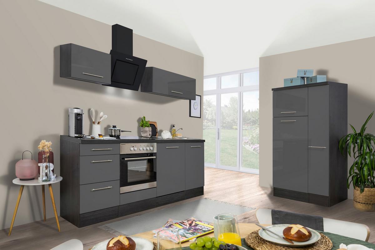 Küchenzeile mit Geräten 310 cm Grau/Eichefarben - Eichefarben/Grau, Basics, Holzwerkstoff (310cm) - Respekta