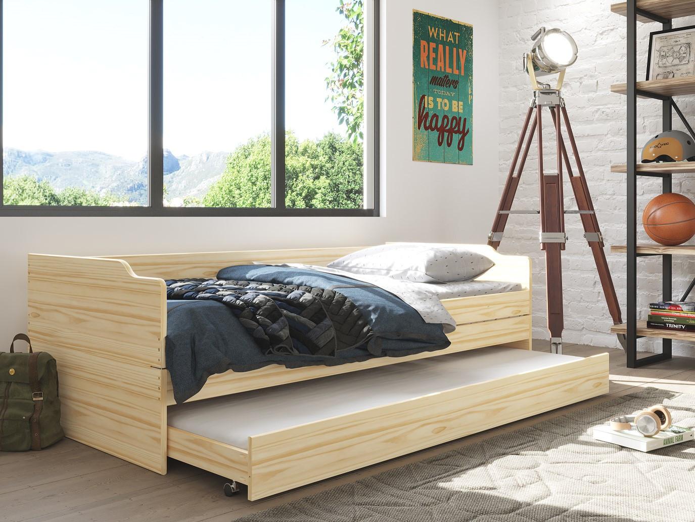 Postel se 3 lůžkami včetně roštů LOTAR - přírodní barvy, Konvenční, dřevo (90/200cm) - MID.YOU