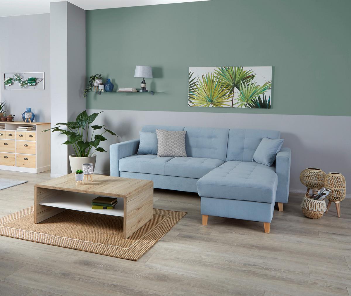 Rohová sedačka BJORN, obojstranná, svetlomodrý zamat - svetlomodrá/prírodná farba, Design, drevo/textil (231/160cm) - Luca Bessoni