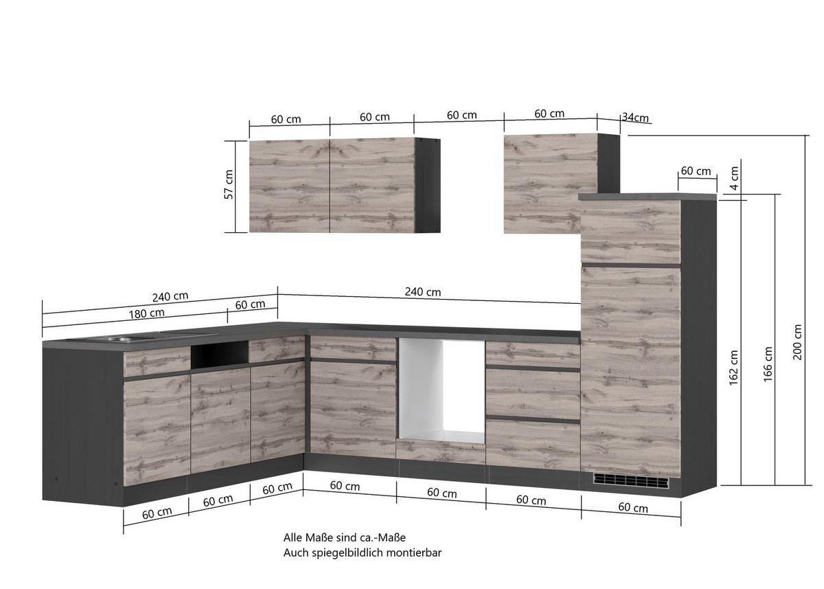 Eckküche Turin ohne Geräte 240x300 cm Graphit/Eiche Dekor - Eiche Wotan/Graphitfarben, Design, Holzwerkstoff (240/300cm) - Held