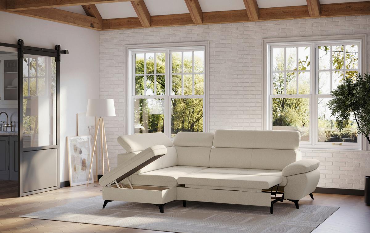 Ecksofa mit Bettfunktion Hudson, Chenille Beige - Beige/Schwarz, KONVENTIONELL, Textil (207/256cm) - Sembella