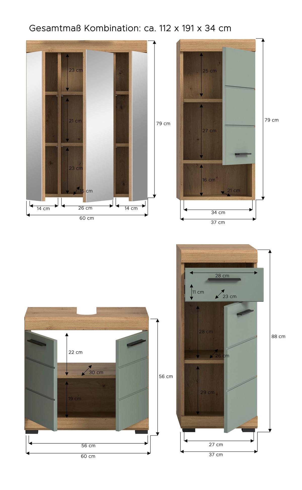 Badezimmer Scout Eiche Dekor/Salbeigrün B: 97cm - Salbeigrün/Eichefarben, MODERN, Glas/Holzwerkstoff (97cm) - MID.YOU