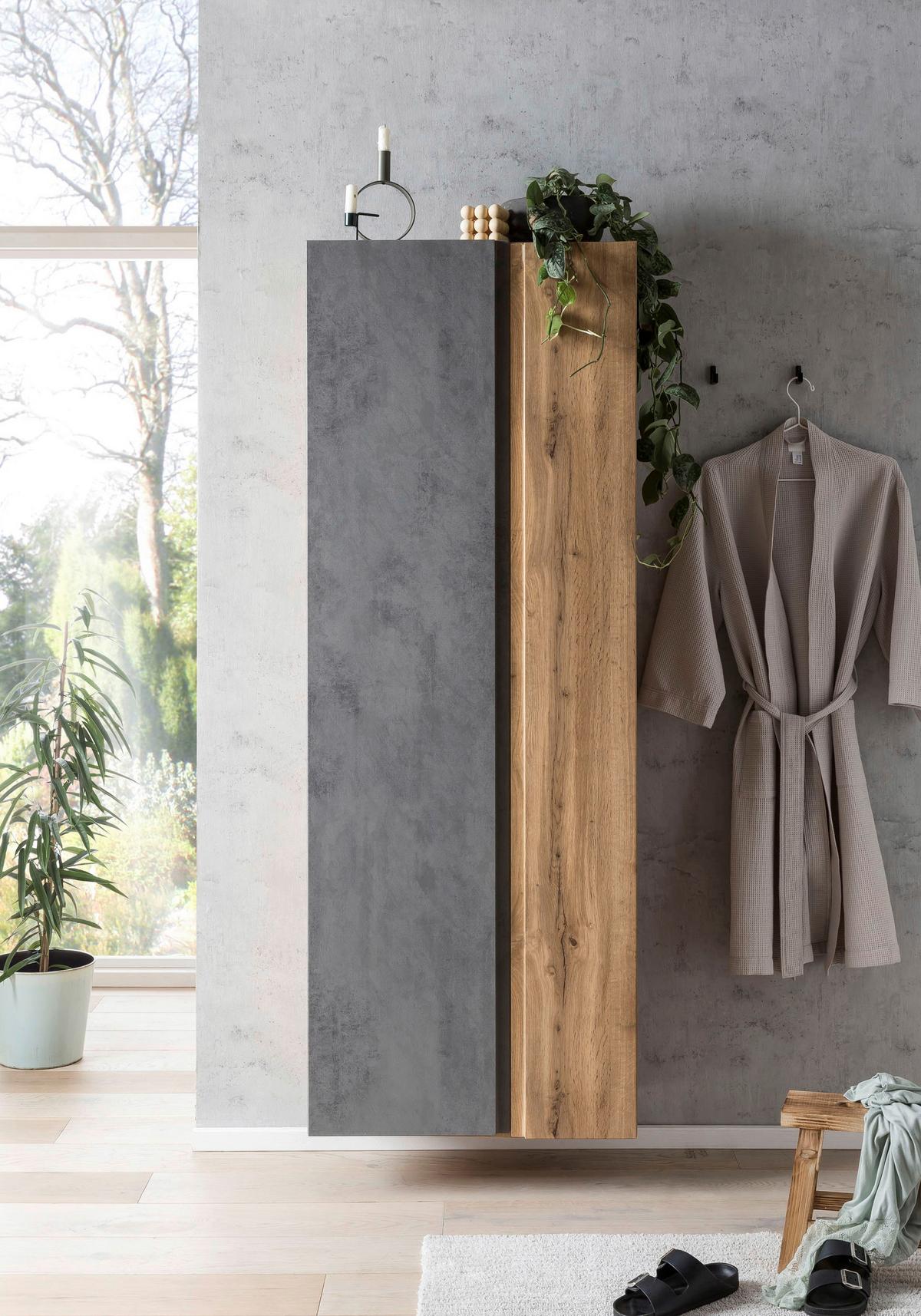 Badezimmer Hochschrank Varese Bxh 65x180cm Grau/ Eiche Dekor - Eiche Wotan/Hellgrau, MODERN, Holzwerkstoff (65/180/35cm) - Held