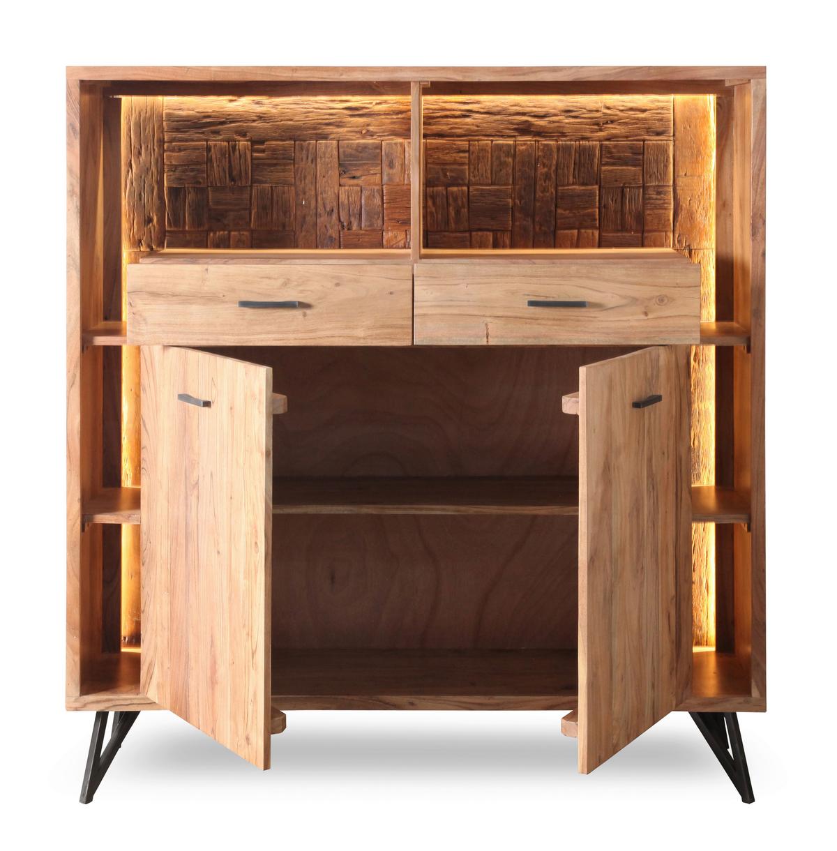 Highboard Indira Akazie Massiv, B: 145 cm - Schwarz/Akaziefarben, ROMANTIK / LANDHAUS, Holz/Metall (145/150/40cm)