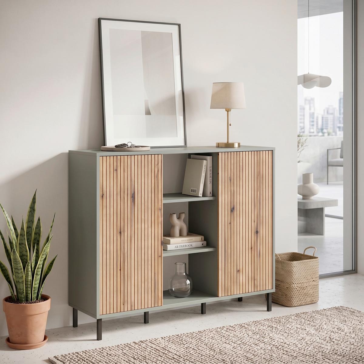 Kommode Pozzi Graugrün/Eichefarben B: 112 cm - Eichefarben/Schwarz, Trend, Holzwerkstoff (111,6/105,2/40cm)