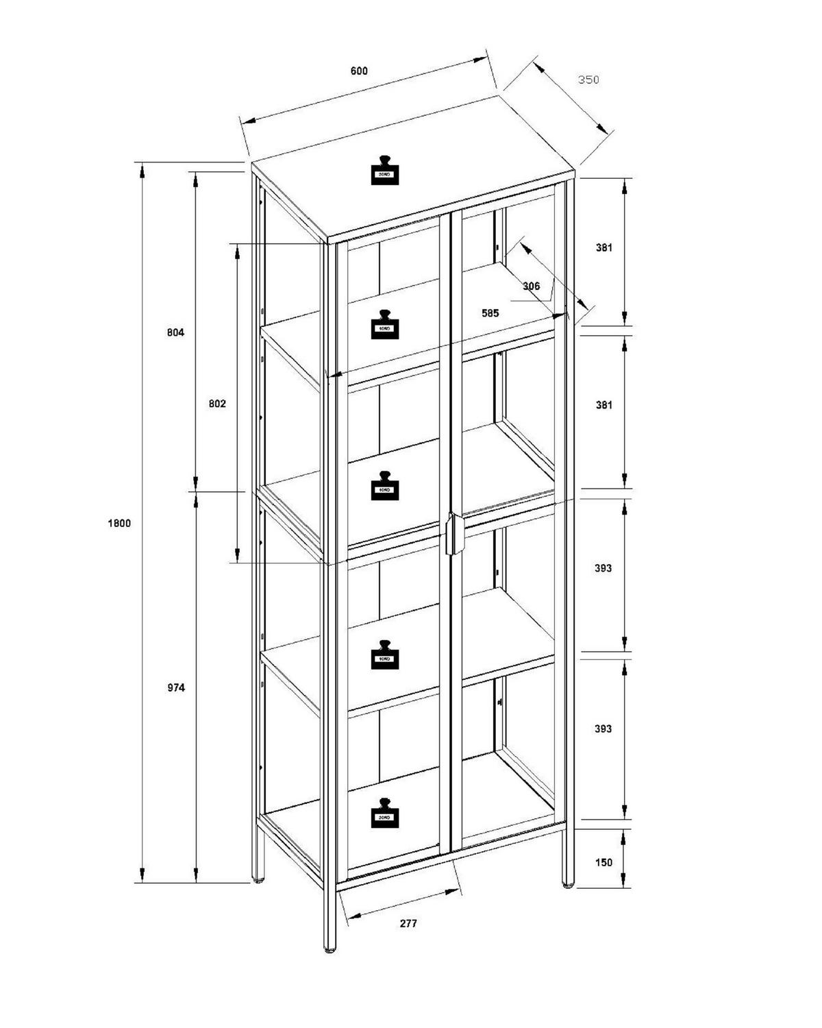 Vitrine Floka Weiß B: 60 cm - Transparent/Weiß, Design, Glas/Metall (60/180/35cm) - MID.YOU