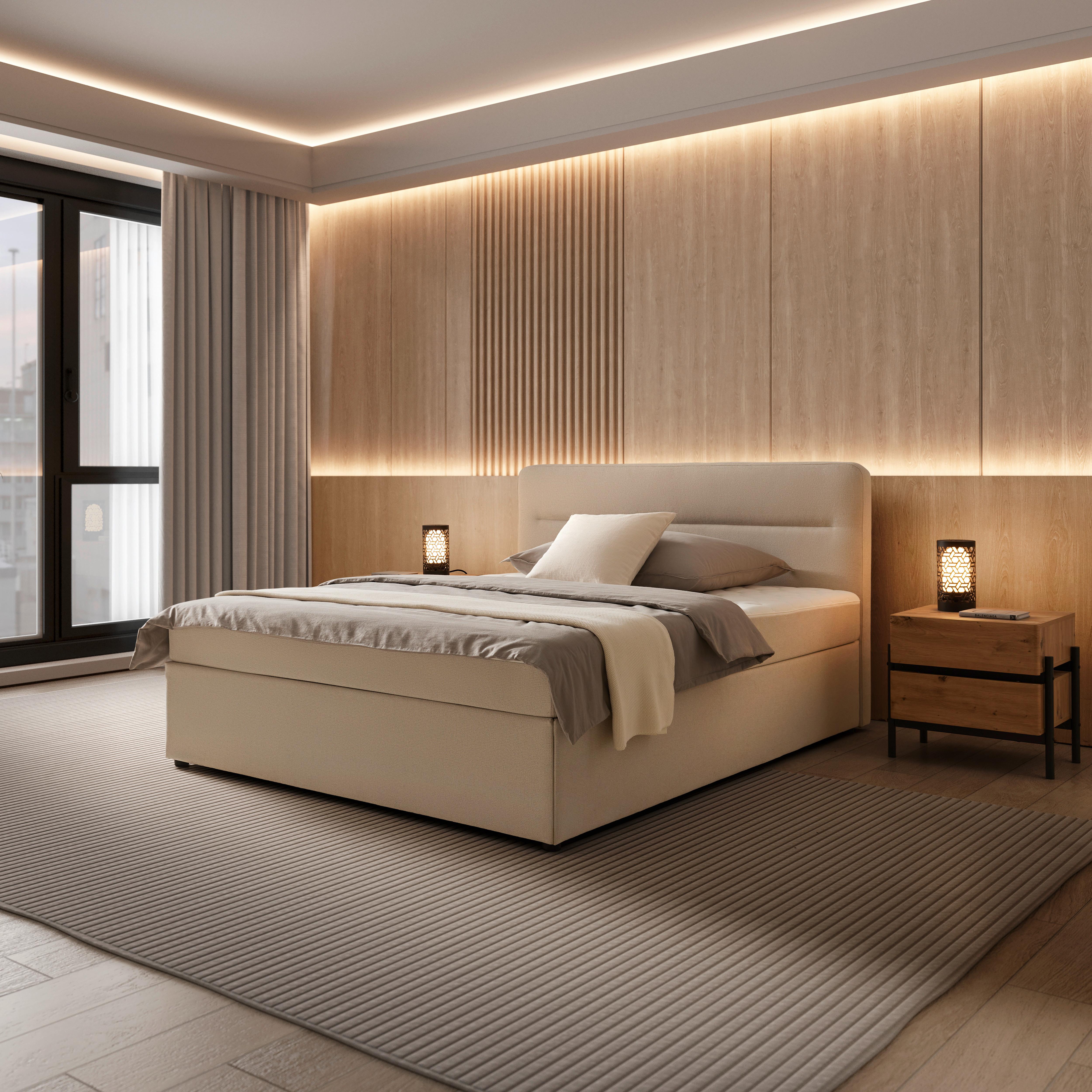 Boxspringová postel MARCO 160x200, béžová - černá/krémová, Moderní, dřevo/textil (160/200cm) - Bessagi