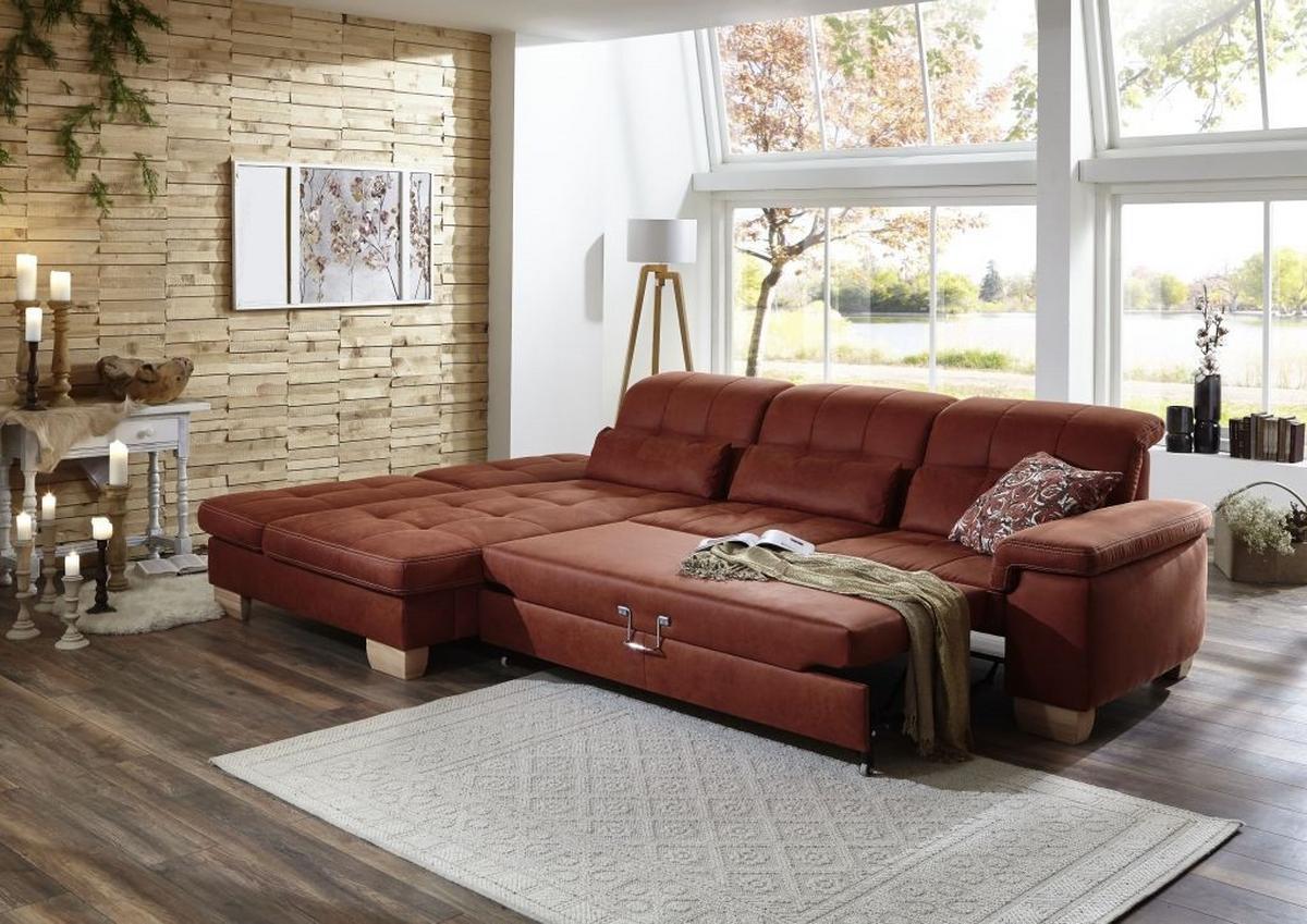 Sedací souprava ELLA, levá, cihlová, s funkcemi - divoký dub/terracotta, Moderní, dřevo/textil (243/273cm)