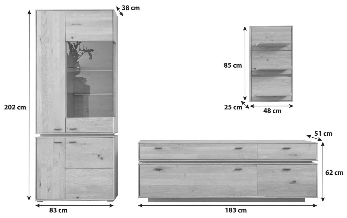 Wohnkombination Massiv 3-Tlg. Como Wildeiche - Wildeiche, Natur, Glas/Holz (276/202/51cm) - MID.YOU