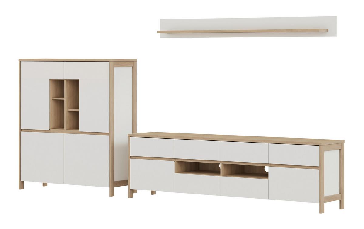 Wohnwand Stranda Weiß/Eichefarben B: 319cm - Eichefarben/Weiß, Design, Holzwerkstoff (319/170/39cm) - MID.YOU