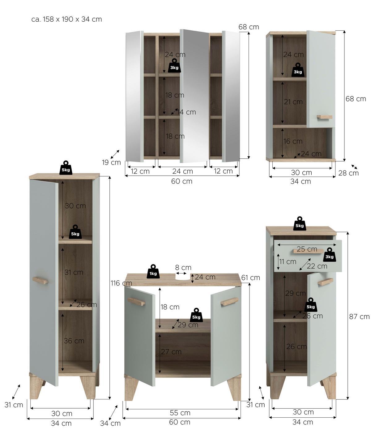 Badezimmer Star Hellgrün/Eiche Dekor B: 128cm - Eichefarben/Eiche San Remo, MODERN, Holzwerkstoff (128/184/34cm) - MID.YOU