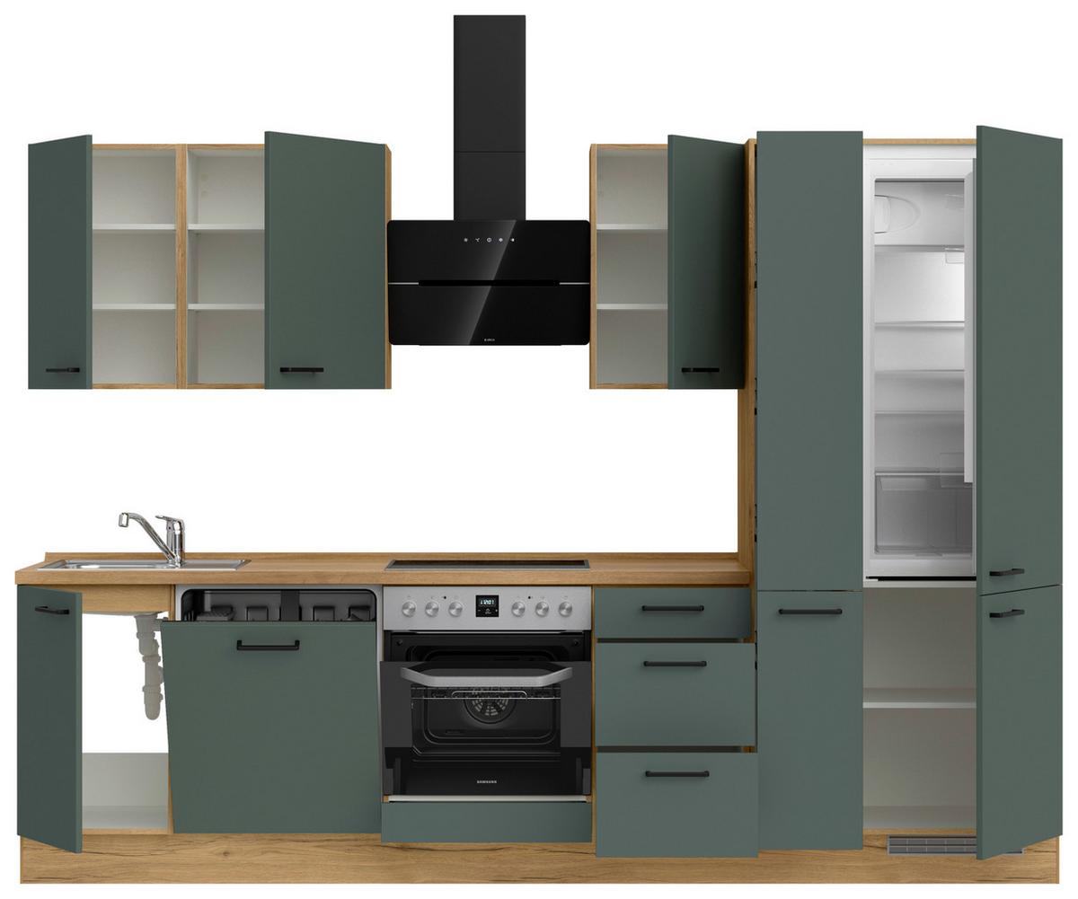 Kuchyňská linka 300 cm, minerální zelená,ultra matná - barvy dubu/černá, Moderní, kov/kompozitní dřevo (300cm) - Nobilia