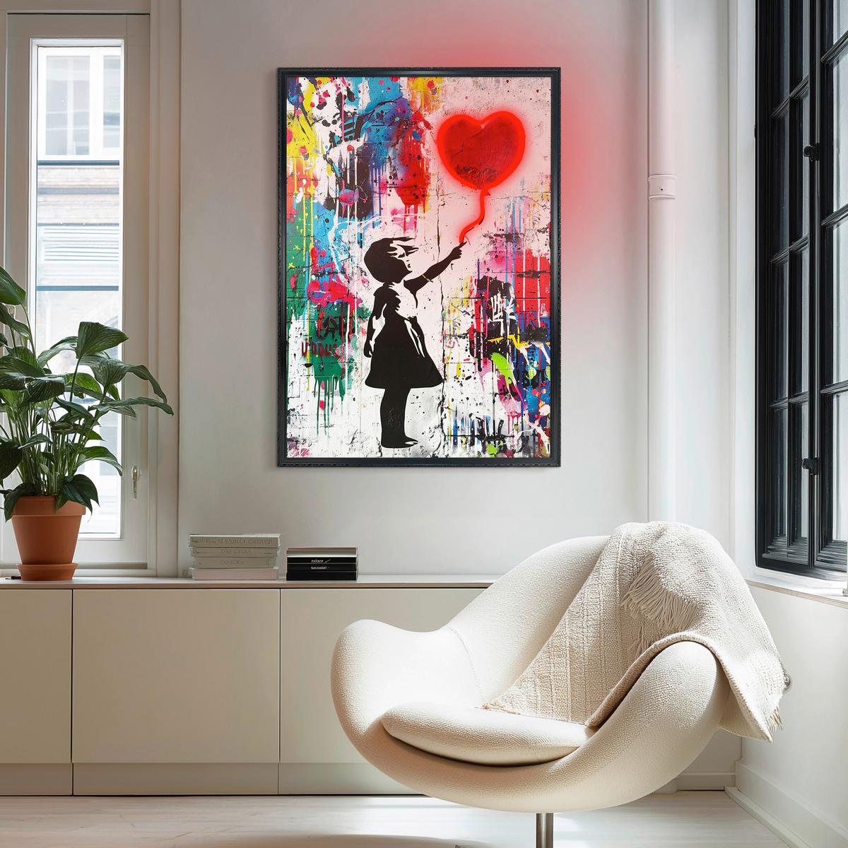 LED-Bild Neon Balloon Girl - Rot/Schwarz, Basics, Holzwerkstoff/Kunststoff (70/100/3,5cm)