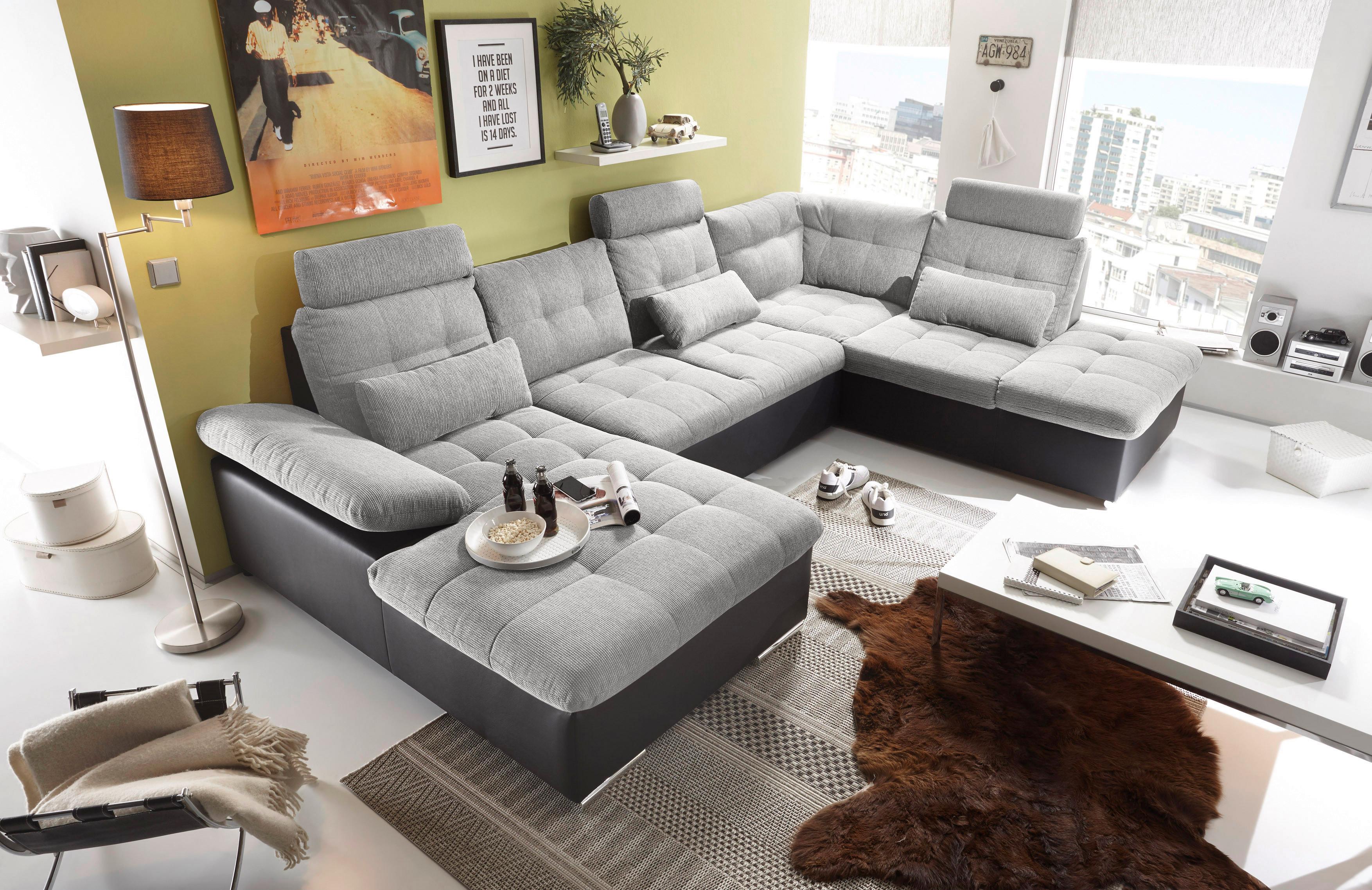 Wohnlandschaft Mit Schlaffunktion Jakarta - Silberfarben/Schwarz, MODERN, Holzwerkstoff/Textil (170/324/218cm) - MID.YOU