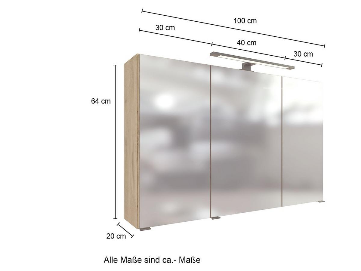 Spiegelschrank Manchester Led 3 Türen 100x64x20 cm - Eichefarben, MODERN, Glas/Holzwerkstoff (100/64/20cm) - Held
