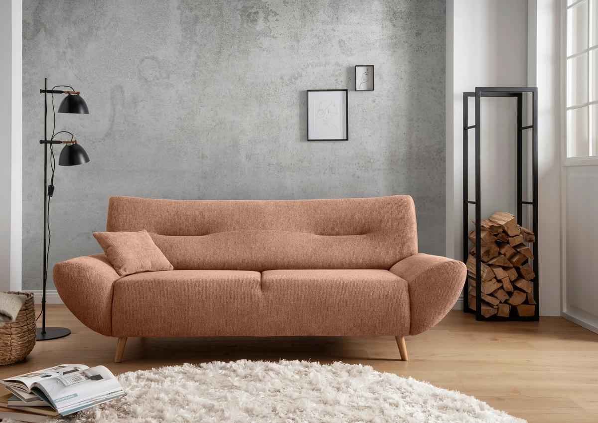 3-Sitzer-Sofa Chenille Koralle Rücken Echt - Wildeiche/Koralle, MODERN, Textil (205/81/90cm) - MID.YOU