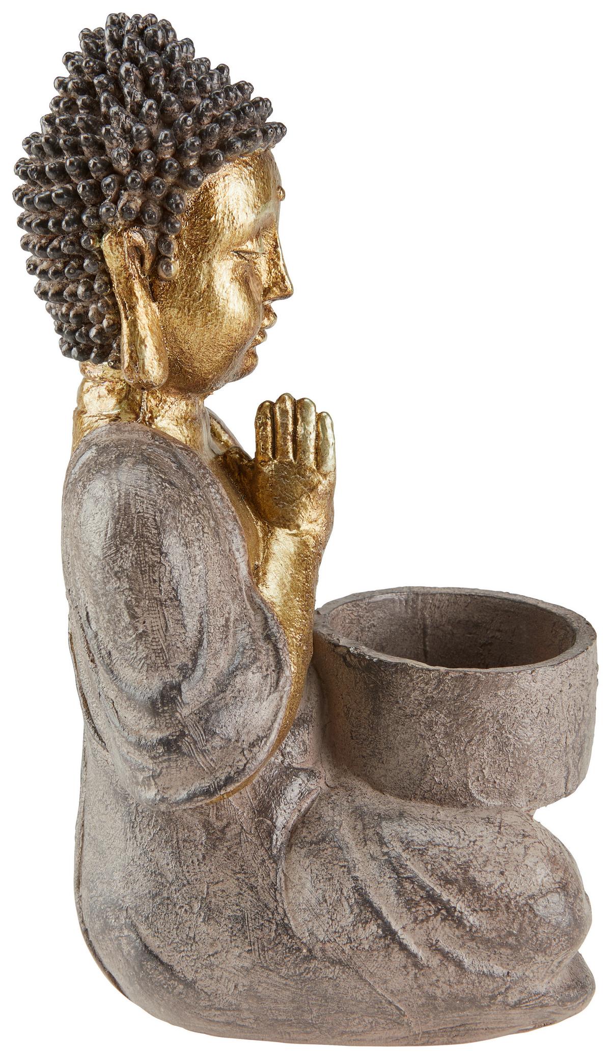 Teelichthalter als braun-goldfarbene Buddha-Figur