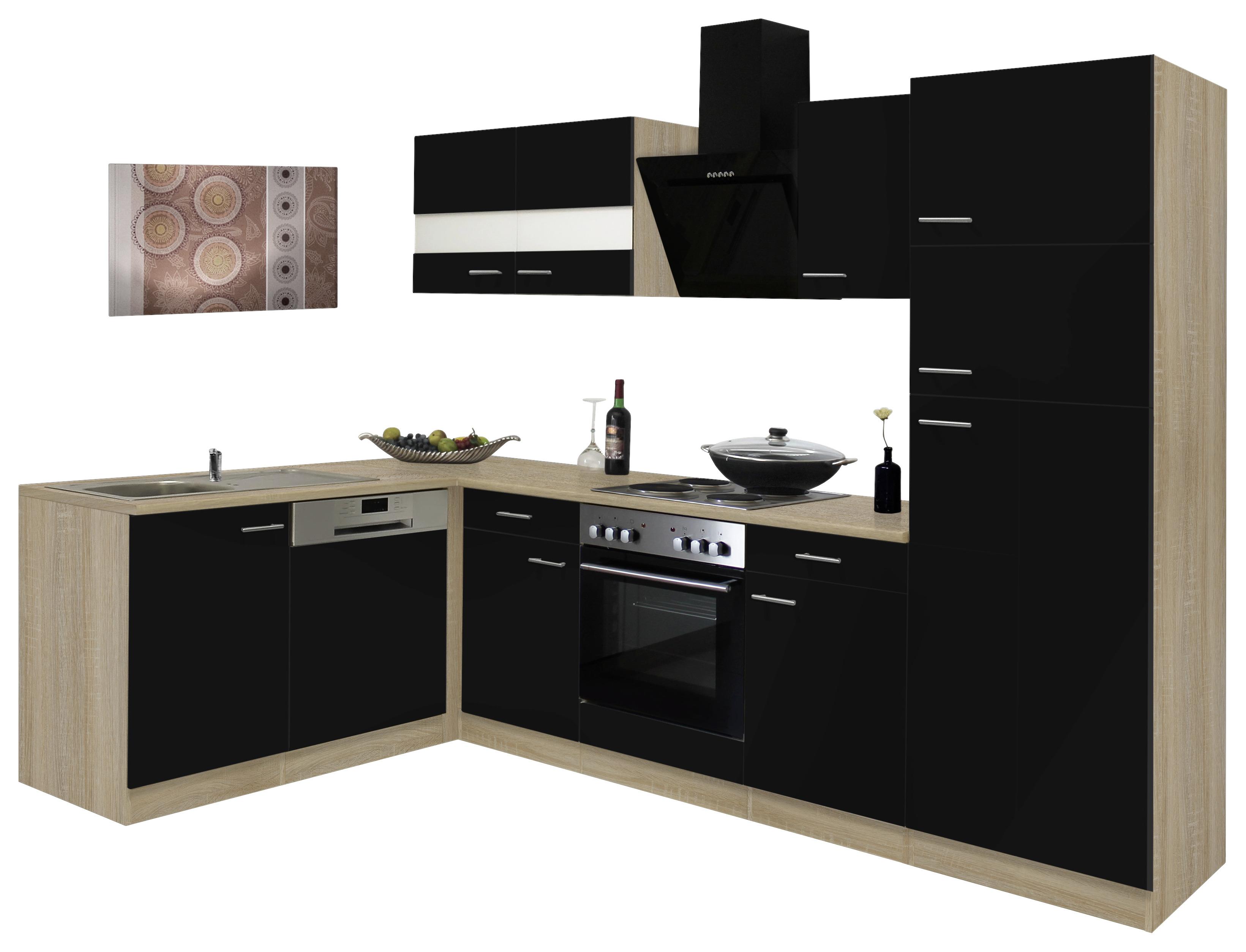 Eckküche Economy mit Geräten 172x280 cm Schwarz/Eiche Dekor - Eichefarben/Schwarz, Basics, Glas/Holzwerkstoff (172/280cm) - Respekta