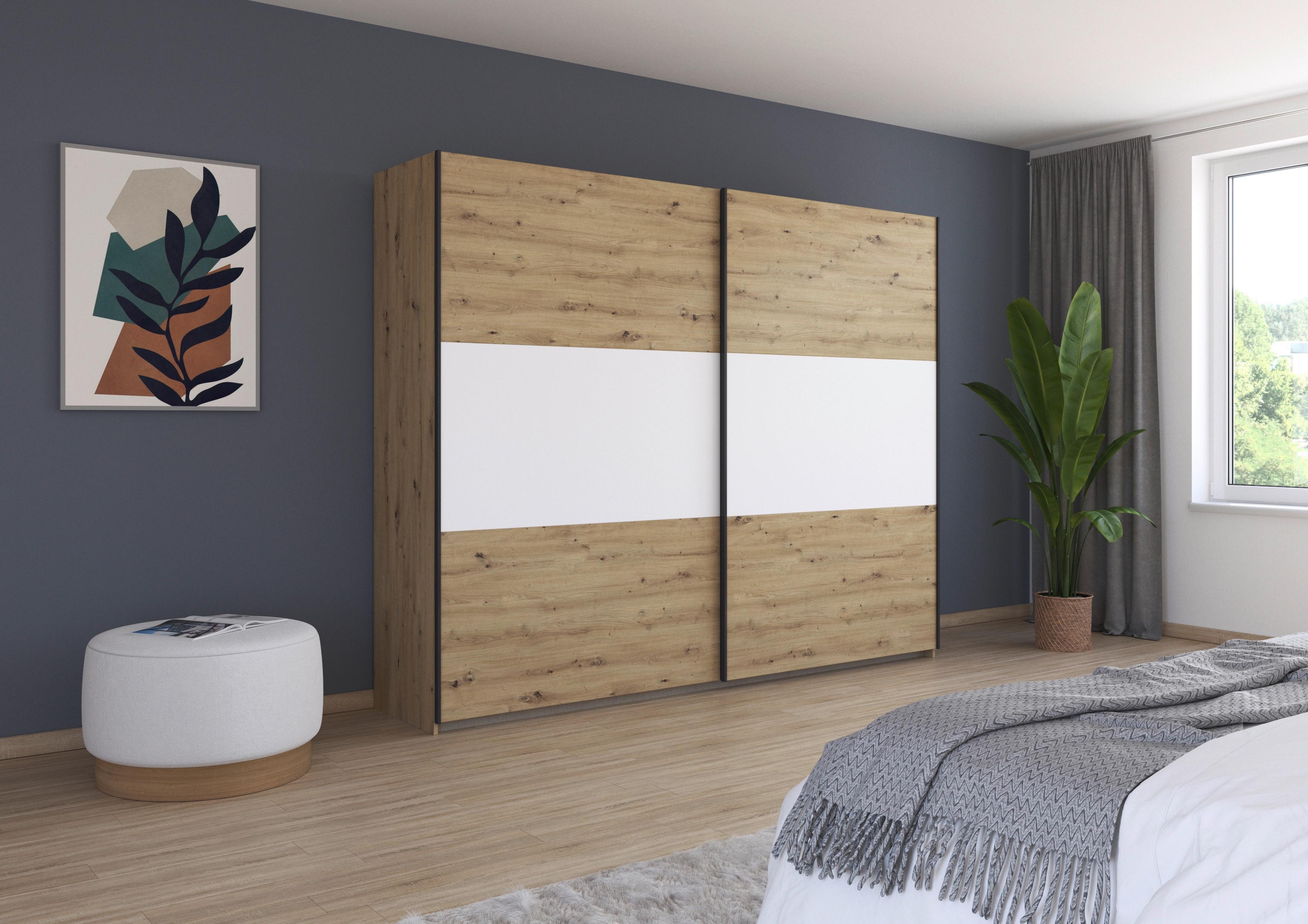 Schwebetürenschrank Neo Weiß Eiche Artisan Dekor - Alufarben/Weiß, MODERN, Holzwerkstoff (261/210/59cm) - Rauch Möbel