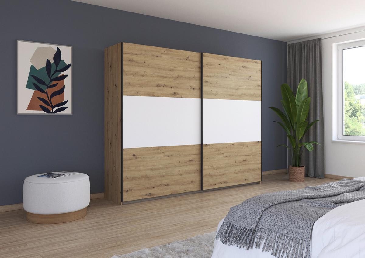 Schwebetürenschrank Neo Weiß Eiche Artisan Dekor - Alufarben/Weiß, MODERN, Holzwerkstoff (261/210/59cm) - Rauch Möbel