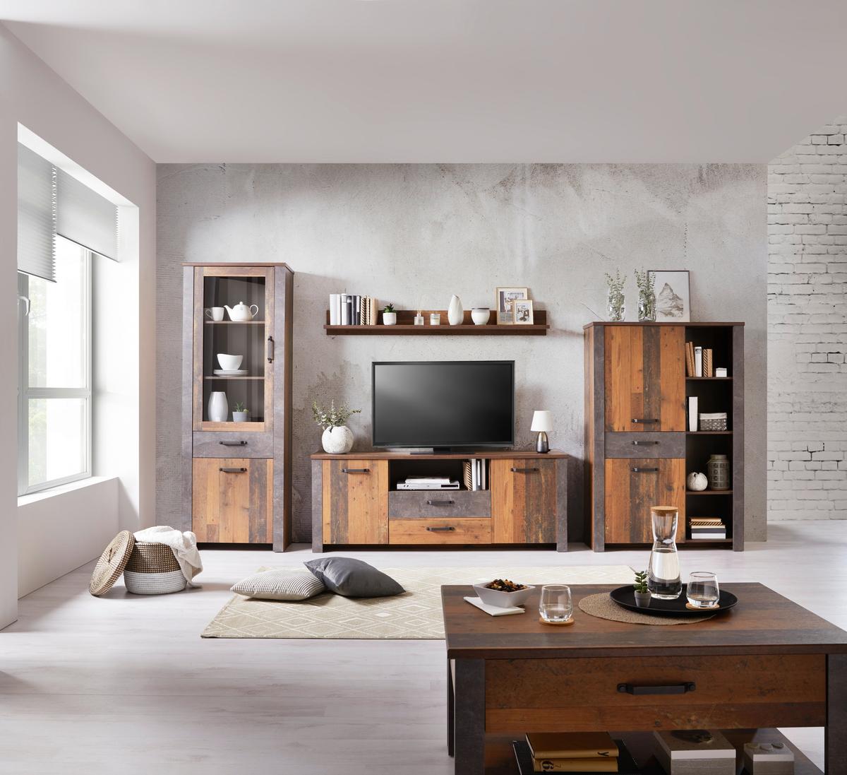 Wohnkombination 4 Tlg. Ontario, Old Style/betonoptik - Eichefarben/Dunkelgrau, Trend, Glas/Holzwerkstoff (352,4/200/41,5cm) - Ondega