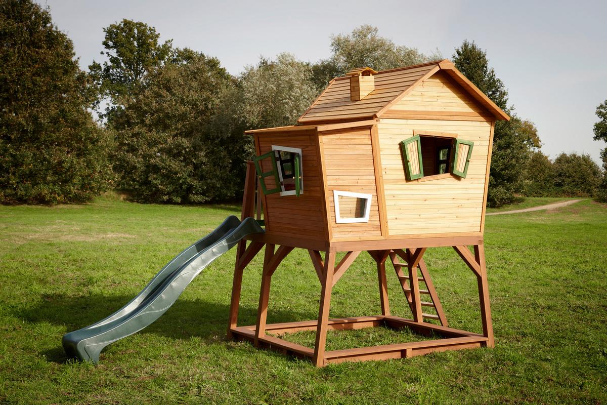 Spielhaus Holz Mit Rutsche Und Kletterwand Braun Grün Max - Braun/Naturfarben, KONVENTIONELL, Holz (435/291/180cm) - Ambia Garden