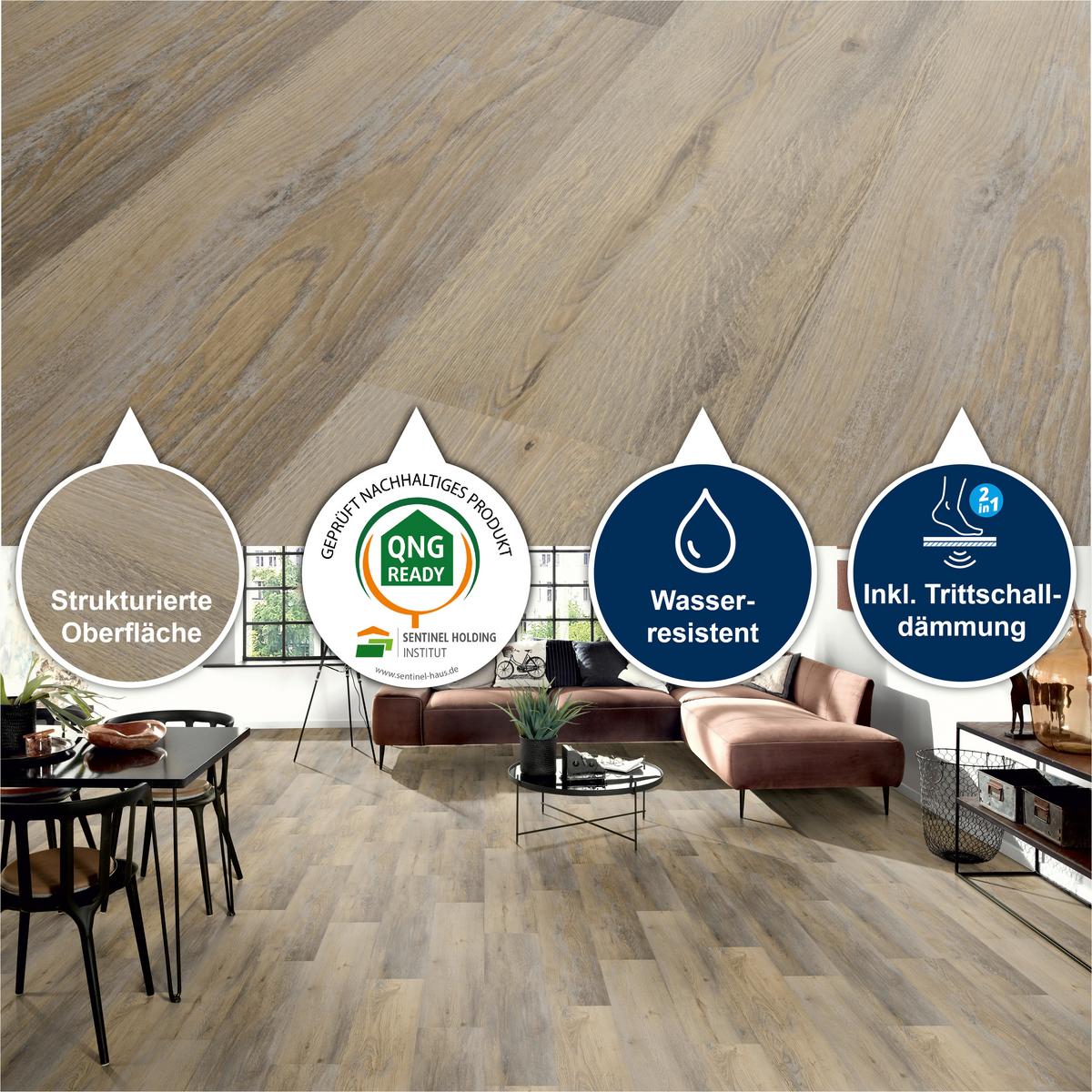 Designboden Eichefarben/Sand /Grau Landhausdiele Stärke 4,8mm - Sandfarben/Eichefarben, Basics, Kunststoff (122/23/0.48cm)